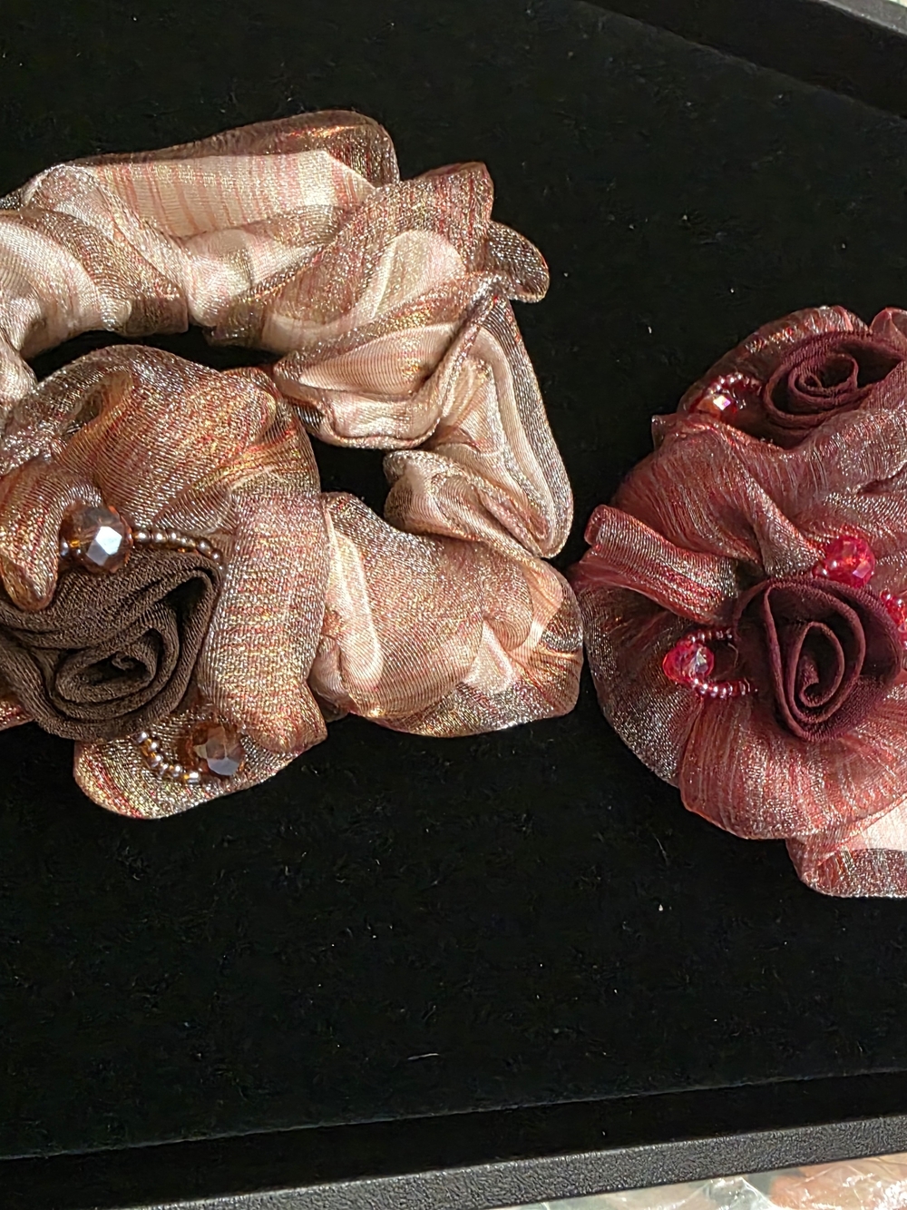 Women's Shimmery Rose Fabric Flower Hair Scrunchie - Blush Pink